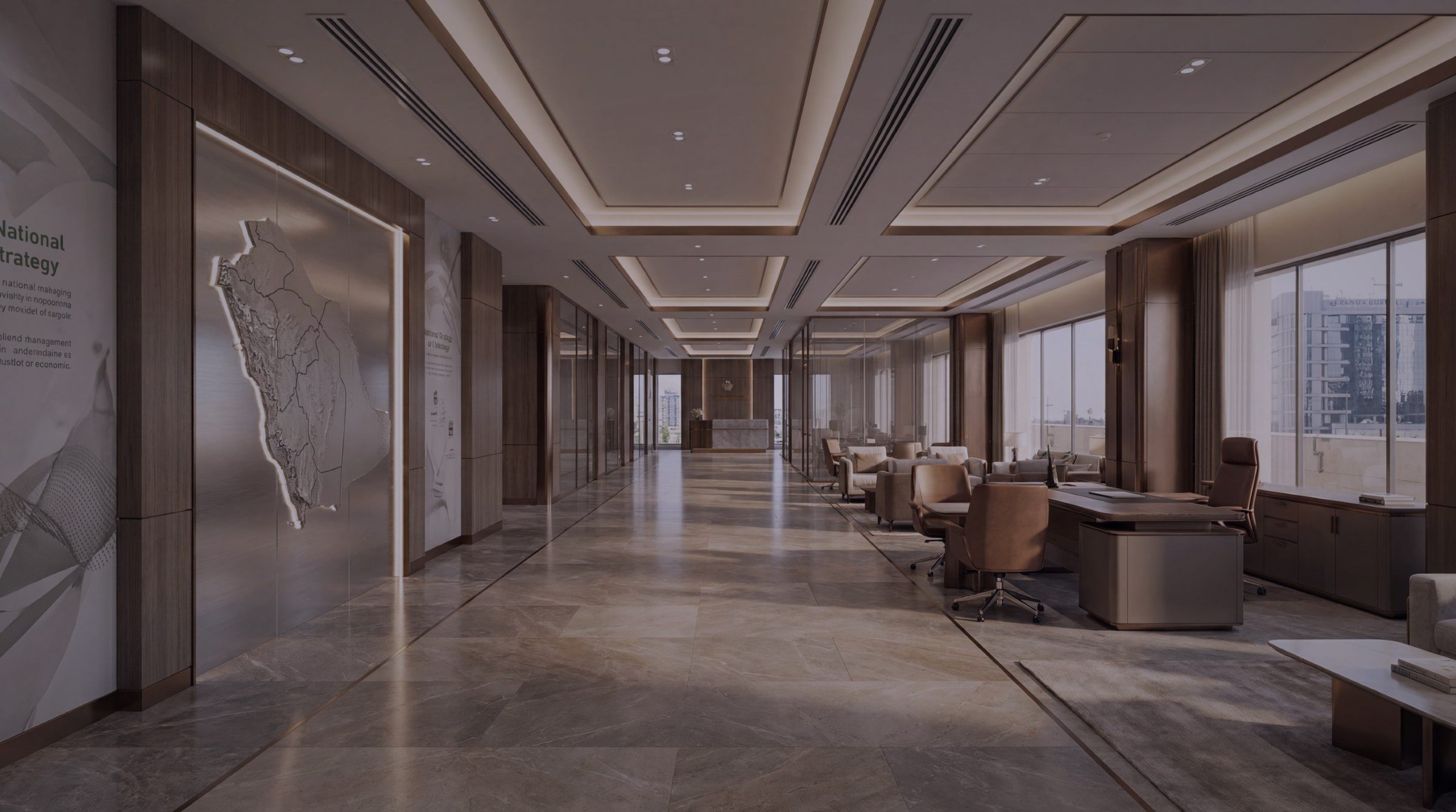 Interior visualisation of a fitted office floor: stone floors, coffered ceilings, glass partitions and lounge seating by full-height windows.