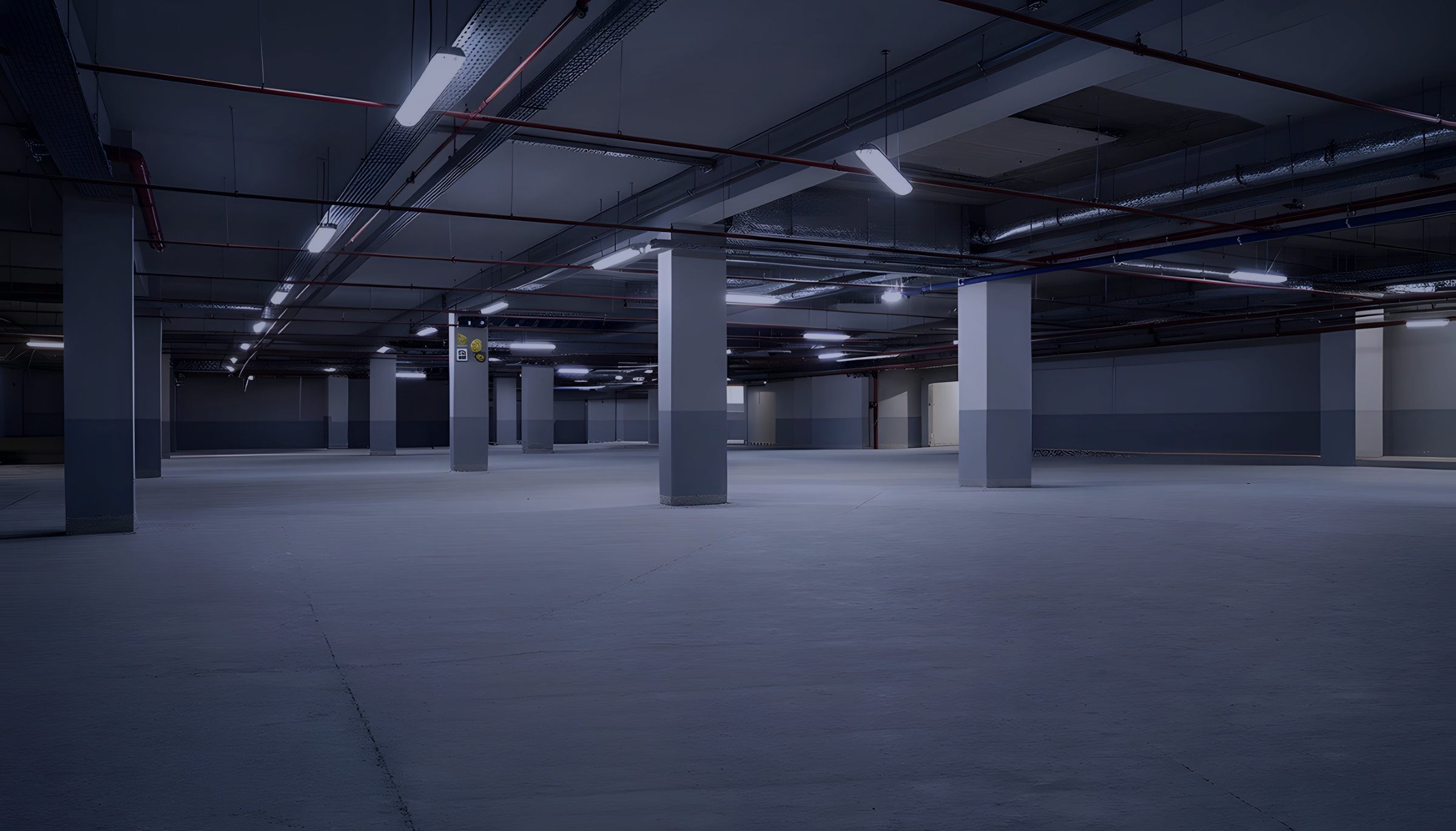 The building's own basement parking, lit, clean and empty, ready for tenants.