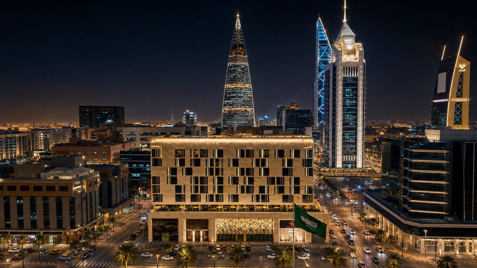 Aerial night visualisation of SBS Business Tower on King Fahd Road, its crown line lit, with Al Faisaliah Tower and the Al-Olaya towers rising directly behind.
